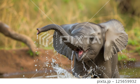 A cute baby elephant joyfully plays by the water, splashing and spraying with its trunk. 125659932