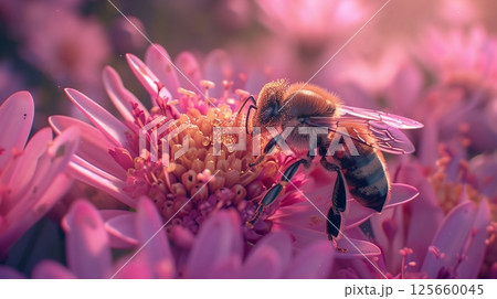 A close-up captures a bee gathering pollen from a vibrant flower, showcasing nature's pollination process. A close-up captures a bee gathering pollen from a vibrant flower, showcasing nature's pollination process. 125660045