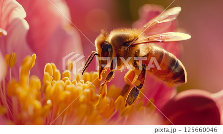 A bee collects pollen from a vibrant flower, showcasing the intricate bond between pollinators and flora. A bee collects pollen from a vibrant flower, showcasing the intricate bond between pollinators and flora. 125660046