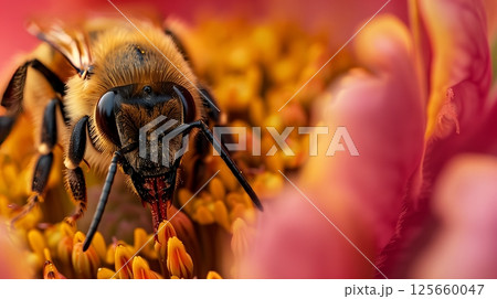 Bee gathers pollen from vibrant flower, showcasing intricate wing details and delicate petals. Bee gathers pollen from vibrant flower, showcasing intricate wing details and delicate petals. 125660047