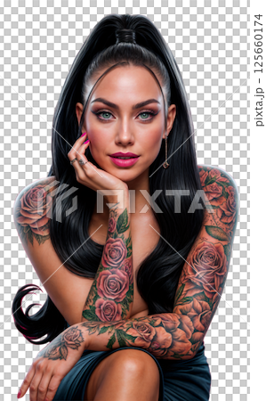 Portrait of a girl with a tattoo of scarlet roses Portrait of a girl with a tattoo of scarlet roses 125660174