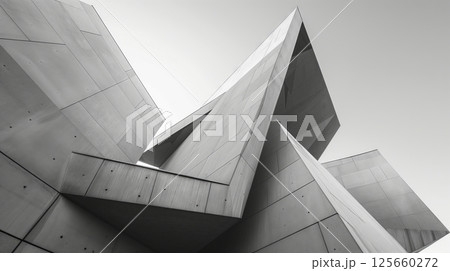 Geometric architecture features clean lines and sharp angles, emphasizing simplicity, balance, and precision. 125660272
