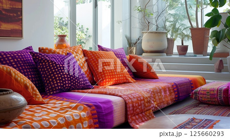 Bandhani fabric adds a vibrant, ethnic touch to home decor, enhancing spaces with its intricate patterns and bright colors. 125660293