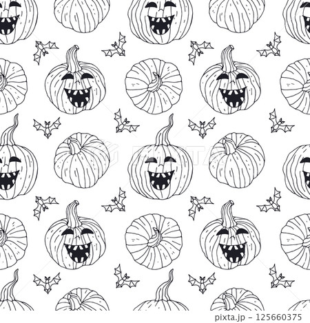 Seamless pattern with cute hand drawn Halloween jack-o-lantern pumpkins 125660375