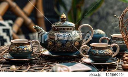 Exquisite Arabic tea set with intricate designs, showcasing rich heritage and craftsmanship. Perfect for tea. Exquisite Arabic tea set with intricate designs, showcasing rich heritage and craftsmanship. Perfect for tea. 125660494