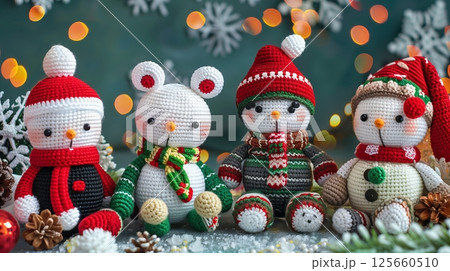 Amigurumi holiday decorations, with festive themes and vibrant colors, perfect for seasonal cheer and gifts. Amigurumi holiday decorations, with festive themes and vibrant colors, perfect for seasonal cheer and gifts. 125660510