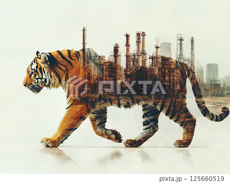 double exposure effect of tiger walking and Industrial plant. Pollution from factories causes global warming. AI Generated. 125660519