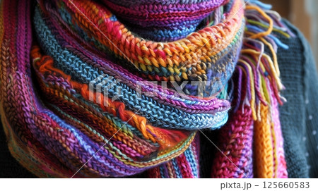 A hand-knitted scarf with vibrant and neutral colors offers warmth, style, and versatile elegance. 125660583