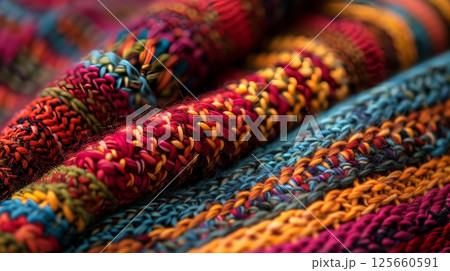Close-up of a knitted fabric reveals intricate patterns and fine stitches, showcasing true artistry. Close-up of a knitted fabric reveals intricate patterns and fine stitches, showcasing true artistry. 125660591