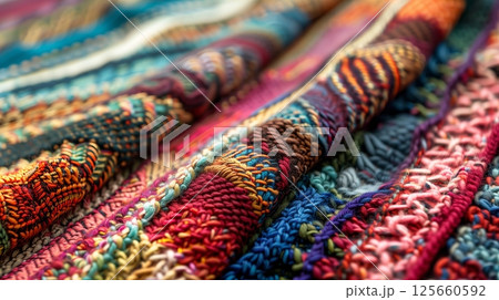 Close-up of knitted fabric showcasing detailed patterns, intricate stitches, and exquisite craftsmanship. Close-up of knitted fabric showcasing detailed patterns, intricate stitches, and exquisite craftsmanship. 125660592