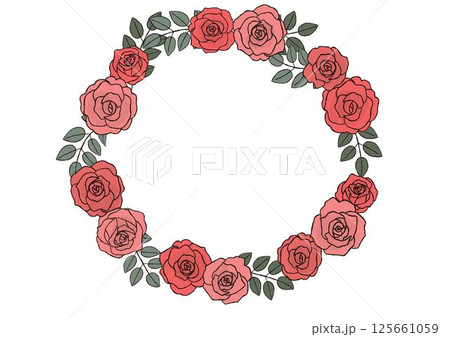 おしゃれな手描きのバラの花のリース　赤い薔薇 125661059