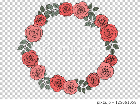 おしゃれな手描きのバラの花のリース　赤い薔薇 125661059