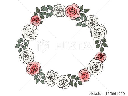 おしゃれな手描きのバラの花のリース　白と赤の二色のバラのリース 125661060