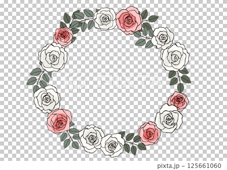 おしゃれな手描きのバラの花のリース　白と赤の二色のバラのリース 125661060