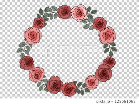 おしゃれな手描きのバラの花のリース　赤い薔薇 125661065