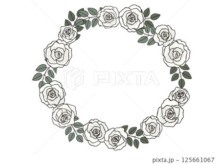 おしゃれな手描きのバラの花のリース　白い薔薇のリース 125661067
