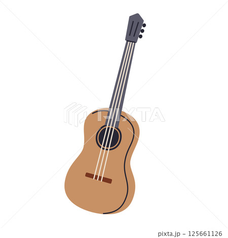 Flat cartoon vector illustration of classical guitar. Musical instrument used for acoustic performances and practice, simple doodle icon, playing music, isolated colored clipart on white background Flat cartoon vector illustration of classical guitar. Musical instrument used for acoustic performances and practice, simple doodle icon, playing music, isolated colored clipart on white background 125661126