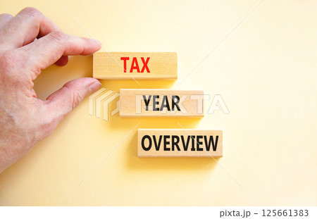 Tax year overview symbol. Concept words Tax year overview on beautiful wooden blocks. Beautiful white background. Businessman hand. Business tax year overview concept. Copy space. 125661383