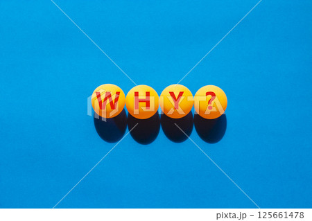 Why question symbol. Concept word Why question on beautiful yellow ping pong balls. Beautiful blue table blue background. Business, lifestyle, support and why question concept. Copy space. Why question symbol. Concept word Why question on beautiful yellow ping pong balls. Beautiful blue table blue background. Business, lifestyle, support and why question concept. Copy space. 125661478