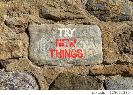 Try new things symbol. Concept words Try new things on beautiful grey stone wall. Beautiful stone wall background. Business motivational lifestyle try new things concept. Copy space. Try new things symbol. Concept words Try new things on beautiful grey stone wall. Beautiful stone wall background. Business motivational lifestyle try new things concept. Copy space. 125661580