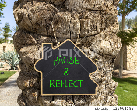 Pause and reflect symbol. Concept words Pause and reflect on beautiful black blackboard. Beautiful palm tree background. Business motivational lifestyle pause and reflect concept. Copy space. 125661588