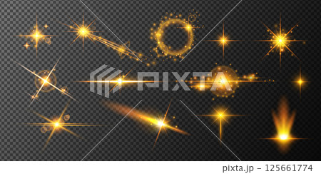 Golden light effects set with lens flares, sparkles, and glows on transparent background. Perfect for festive designs, luxury branding, magic effects, holiday decorations, and photo overlays. 125661774