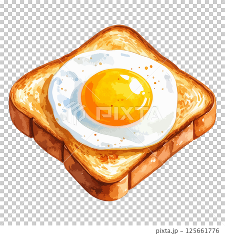 Watercolor illustration of toast with fried egg AI generation 125661776