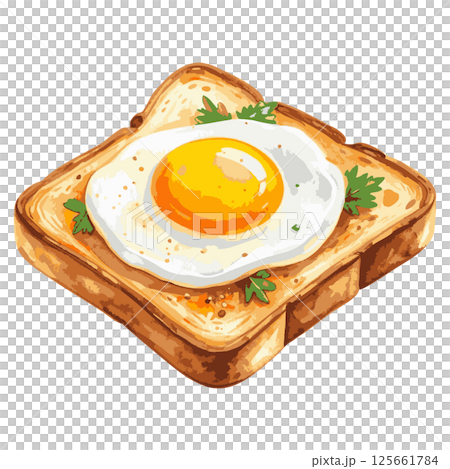 Watercolor illustration of toast with fried egg AI generation 125661784