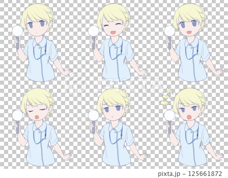 Blonde female nurse holding a blank placard, set of 6 facial expressions Blonde female nurse holding a blank placard, set of 6 facial expressions 125661872