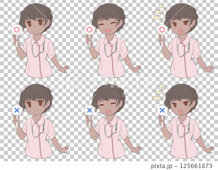 A dark-skinned female nurse holding a circle with three different expressions and two different symbols A dark-skinned female nurse holding a circle with three different expressions and two different symbols 125661873