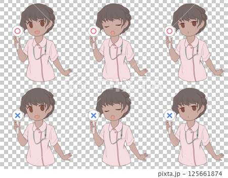 A dark-skinned female nurse holding a circle with three different expressions and two different symbols A dark-skinned female nurse holding a circle with three different expressions and two different symbols 125661874