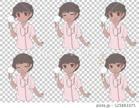 A set of 6 facial expressions of a dark-skinned female nurse holding a plain placard A set of 6 facial expressions of a dark-skinned female nurse holding a plain placard 125661875