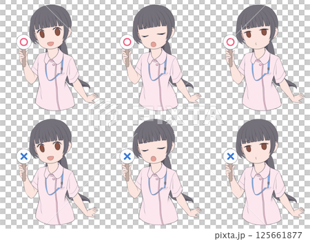 A black-haired female nurse holding a round dot, 3 facial expressions and 2 symbol sets A black-haired female nurse holding a round dot, 3 facial expressions and 2 symbol sets 125661877