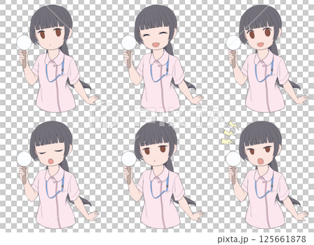 一組六種表情的黑髮女護士拿著一張普通的標語牌 125661878