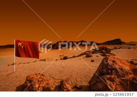 Cosmic landscape on planet like Mars with Chinese flag. Desert scene on the red planet Cosmic landscape on planet like Mars with Chinese flag. Desert scene on the red planet 125661937
