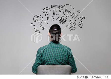 A brunette woman is sitting near a wall with a drawing of a light bulb and exclamation A brunette woman is sitting near a wall with a drawing of a light bulb and exclamation 125661953