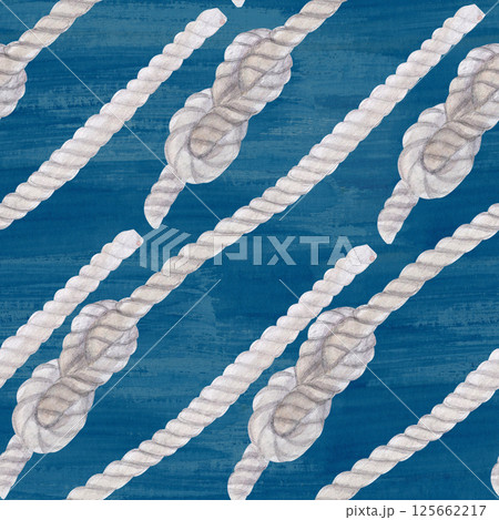 Sailor's rope, tied into a reef knot seamless pattern on blue watercolor background. Hand painted clip art perfect for eco design, sailing, sea travel, wrapping paper, packages, sailor, scout. Texture Sailor's rope, tied into a reef knot seamless pattern on blue watercolor background. Hand painted clip art perfect for eco design, sailing, sea travel, wrapping paper, packages, sailor, scout. Texture 125662217