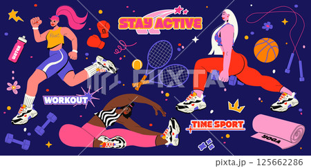 Retro cartoon abstract characters and elements of fitness training concept. Vector flat illustration in groovy style with active workout women in sportswear. 80s nostalgia. Healthy lifestyle. Retro cartoon abstract characters and elements of fitness training concept. Vector flat illustration in groovy style with active workout women in sportswear. 80s nostalgia. Healthy lifestyle. 125662286