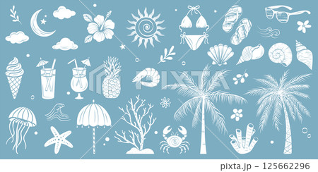 Whimsical boho summer beach doodle collection. Tropical vacation elements like palm trees, cocktails, sea animals, sun, bikini, seashells, and hibiscusare hand-painted in white on a blue background. Whimsical boho summer beach doodle collection. Tropical vacation elements like palm trees, cocktails, sea animals, sun, bikini, seashells, and hibiscusare hand-painted in white on a blue background. 125662296