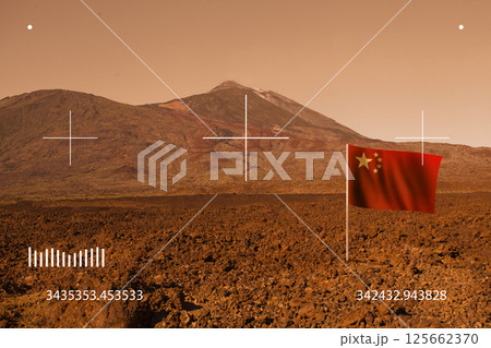 Colorful landscape on planet like Mars with Chinese flag. Desert scene on the red planet Colorful landscape on planet like Mars with Chinese flag. Desert scene on the red planet 125662370