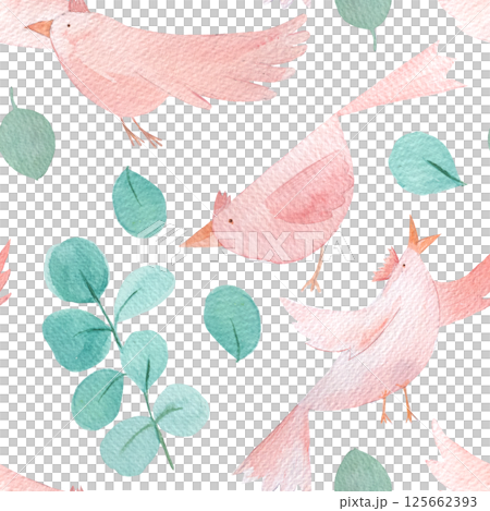 Pink birds flying, singing, with green eucalyptus leaves cartoon style, hand painted watercolor seamless pattern isolated on white. Clip art great for children design, wrapping paper, textile Pink birds flying, singing, with green eucalyptus leaves cartoon style, hand painted watercolor seamless pattern isolated on white. Clip art great for children design, wrapping paper, textile 125662393