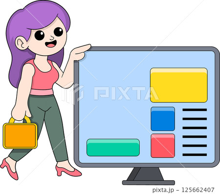 Beautiful Woman Shopping Online with Luxury Bag Doodle Illustration 125662407