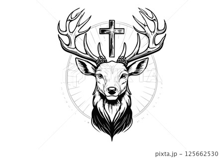 Majestic Red Deer Buck and the cross of St. Hubert , portrait of deer, great adult noble red deer with big beautiful horns and cross (Cervus elaphus) 125662530