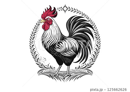 Black and white rooster, cute farm animal, agricultural bird or poultry, cock Black and white rooster, cute farm animal, agricultural bird or poultry, cock 125662626