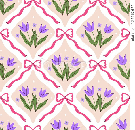 Seamless pattern with purple flowers and pink bows. Vector graphics. 125662673