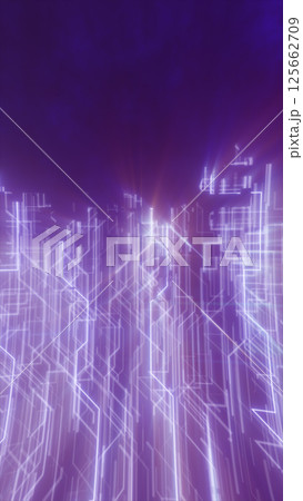 Abstract digital cityscape with purple tones and glowing geometric patterns, suggesting futuristic technology and data flow 125662709