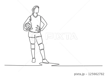Single one line drawing female volleyball player standing and holding the ball while practicing at indoor court. Team sport member on game play. Continuous line draw design graphic vector illustration Single one line drawing female volleyball player standing and holding the ball while practicing at indoor court. Team sport member on game play. Continuous line draw design graphic vector illustration 125662782