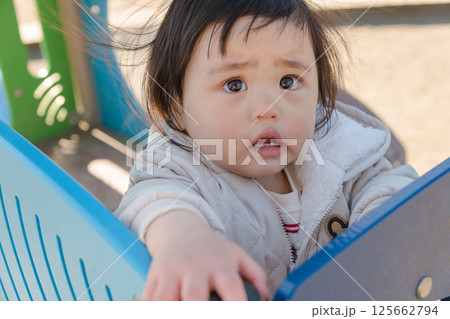【相模原市立麻溝公園の子どもの広場の滑り台で遊ぶ1歳児】 125662794