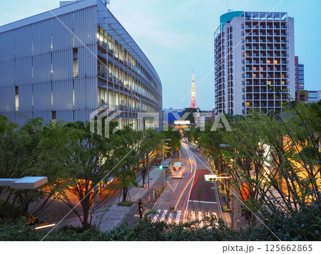 六本木けやき坂。東京の道路と東京タワー。夕方。 125662865