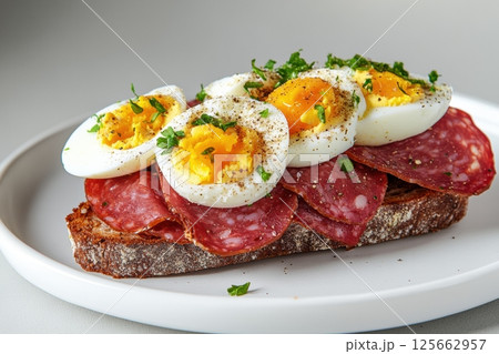 Close-up of an open-faced sandwich with salami, soft-boiled eggs, parsley, and pepper on crusty bread. Juicy texture, rich color, appetizing detail, perfect for breakfast or brunch menus. Banner 125662957